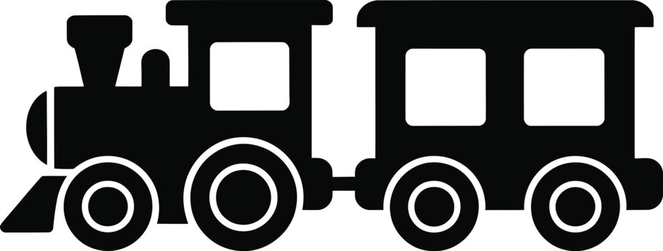 A stylized black train engine with two railcars moves forward on transparent background