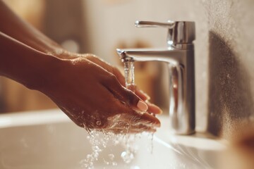 A person washes their hands under running water from a modern bathroom faucet, emphasizing cleanliness and hygiene