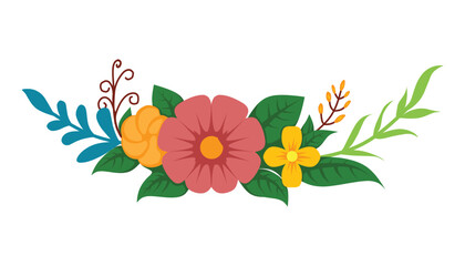 flat floral bouquet illustration with pink, yellow, and orange flower, green leaves, and decorative branches. perfect for spring designs, greeting cards, and digital decorations