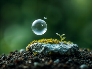 Transparent bubble resting on green sprout in natural setting, symbol of purity. Generative AI