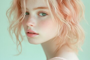 Naklejka premium Close-up portrait of a young woman with soft, pink hair.