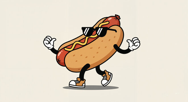 Playful hot dog character dancing in stylish sunglasses and sneakers  