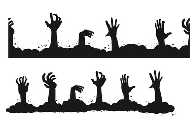 Zombie hand border, monster hand halloween silhouette rising arms. Black scary background with grave ground and creepy shadows. 