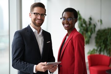 Professional business team portrait of diverse coworkers in office setting smiling