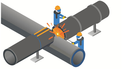 Isometric view of two workers welding large pipes together with bright sparks and safety gear shown