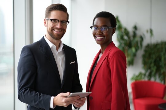 Professional business team portrait of diverse coworkers in office setting smiling