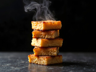 Grilled bread stack with smoke rising, black background, rustic and tasty concept. Generative AI
