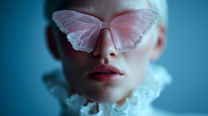 Close-up of a model wearing pink butterfly-shaped glasses, showcasing avant-garde fashion with a dreamlike aesthetic.