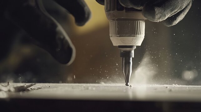 Detailed view of a handheld drills tip as it begins to bore into a tile with safety gloves in view and delicate dust particles in the air creating a high focus industrial atmosphere