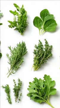 Green garnishing herbs on white background.