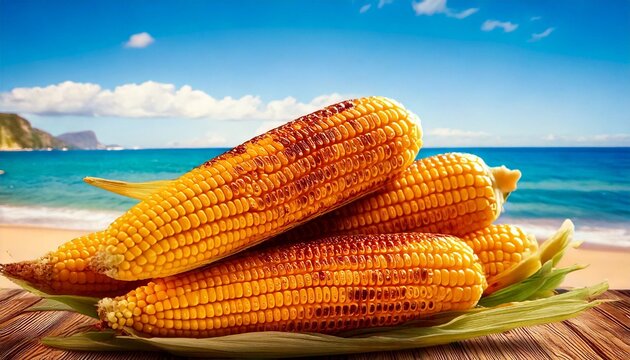 Appetizing fried corn on the cob with a baked crust close-up on a sea beach background - Powered by Adobe