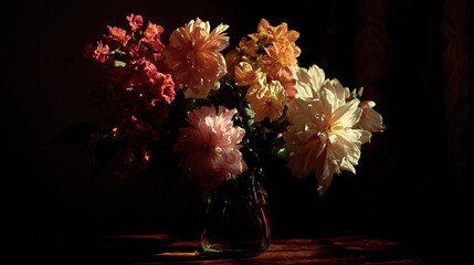 A bouquet of colorful flowers, illuminated by a light source, in a vase, against a dark background