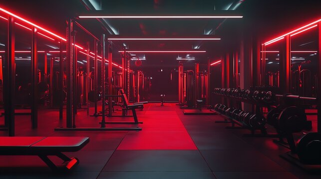 Interior view of a gym with weight machines and red neon lighting illuminating the space evenly - Powered by Adobe