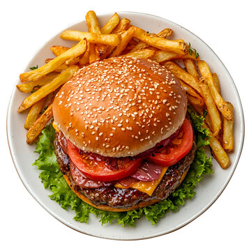 Top view burger with fries on plate, isolated on fully transparent png background