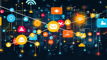 Abstract digital network background with colorful connected icons and lines - Powered by Adobe