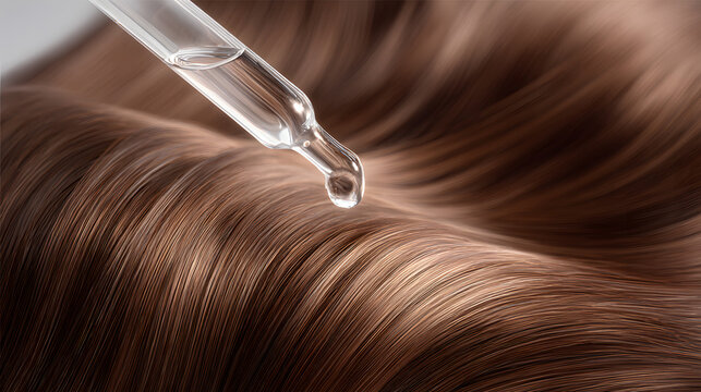 Hair serum being applied to glossy brown hair with a dropper for nourishment, hydration, and sleek style results. Glossy strands close-up.