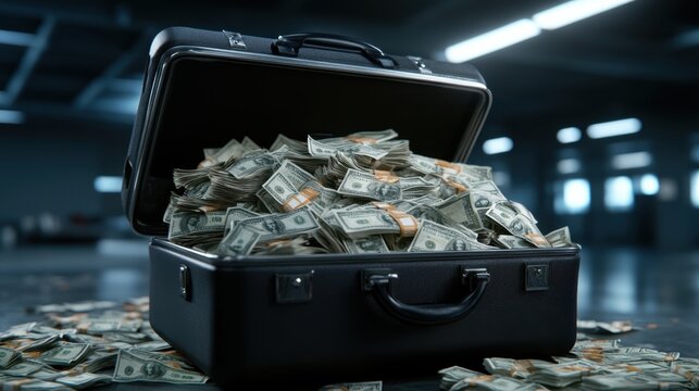 Open briefcase filled with stacks of us dollar bills in industrial setting