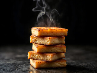 Grilled bread stack with smoke rising, black background, rustic and tasty concept. Generative AI