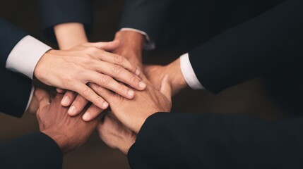 Diverse hands of business professionals stacking together in a show of teamwork and collaboration