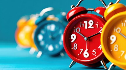 Colorful vintage alarm clocks lined up on a blue background, showcasing timekeeping and nostalgia