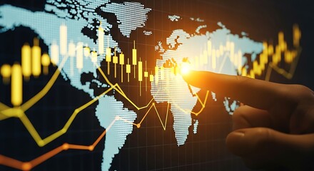 Finger pointing at glowing stock market data on a world map screen