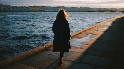 A person walks alone by the water's edge during sunset, casting long shadows on a cobblestone path.