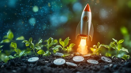 Investment rocket blasting off with silver coins trailing green vines