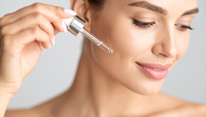 Fototapeta premium Close-up of woman applying facial serum with dropper on cheek