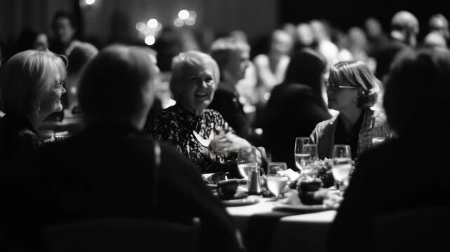 People sitting at a table in a dimly lit room, enjoying each other's company and engaging in conversation. A sense of celebration or social gathering is implied by their smiles and the setting.