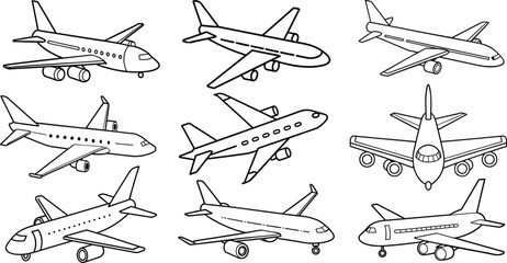 Collection of Airline Airplane Drawings in Black and White Line Art Style Vector Illustration 
