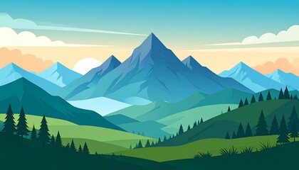 Naklejka premium Panoramic mountain landscape at sunrise