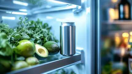 Chilled Energy Drink Can in a Modern, Well-Stocked Refrigerator