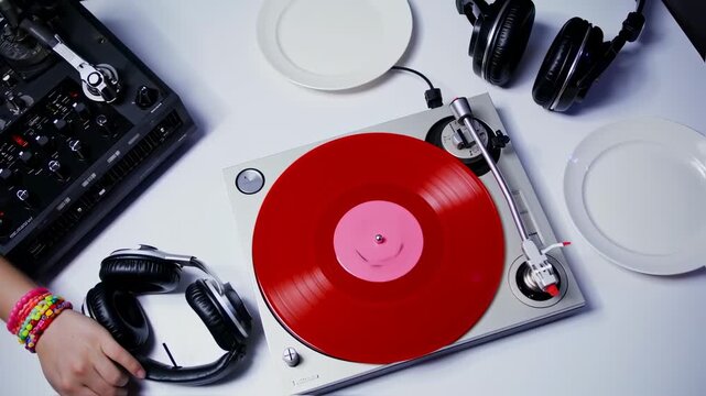 DJ Setup: Red Vinyl, Headphones, Mixer, and Colorful Bracelets