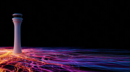 futuristic white control tower stands amid swirling vibrant neon light trails on a black background, symbolizing air traffic control or technology in aviation.