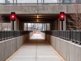  symmetrical urban underpass with concrete walls, metal railings, red pedestrian signals, and overhead lighting leading toward a cityscape in the background.