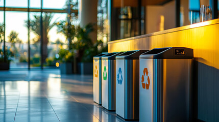 Recycling bins line a modern hallway with sunlight streaming through large windows in an eco-friendly building