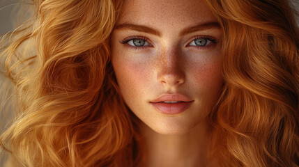 Obraz premium Beautiful portrait of a young woman with flowing red curls and striking blue eyes in soft natural light