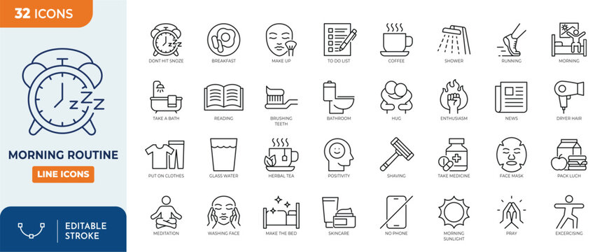 Morning routine line editable icon set. Editable stroke. Vector illustration