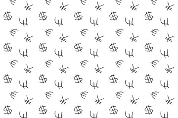 Seamless pattern of hand-drawn global currency symbols including Dollar, Euro, Yen, and Pound, representing financial markets, global economy, and money concepts in a minimalist style.