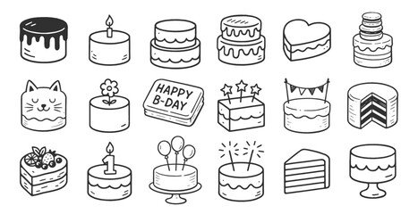 Cake doodle icon set. Cute hand drawn sketch illustrations of birthday cake, slice, candle, heart shaped cake, number topper and fruit decoration. Black and white cartoon art for celebration themes.