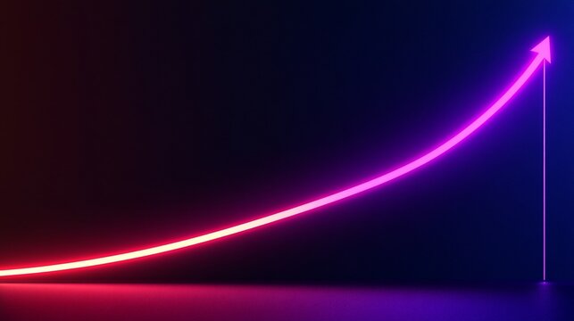 Neon curved line with arrow pointing upwards on a dark backdrop illustration graphic