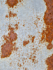An old painted metal surface with pronounced areas of rust creates an abstract texture. Reddish-brown spots contrast with the light background, emphasizing the corrosion process and the effects of tim
