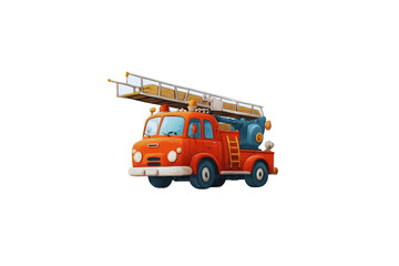 Red cartoon fire truck with an extending ladder and blue water cannon isolated on black