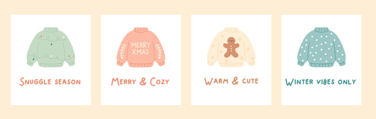 Collection kawaii ugly sweater cards. Christmas cards vector illustration - garland, gingerbread, xmas phrase, snow