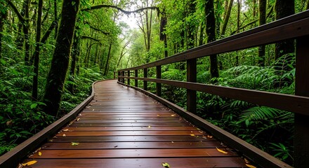 Fototapeta premium Wooden boardwalk winding through a lush green rainforest with dense foliage jungle nature