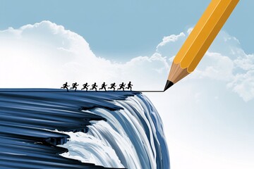 Fototapeta premium Team running over cliff as pencil draws tightrope, risk challenge, creativity, problem solving concept.