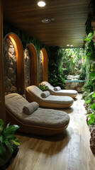 Relaxation area with comfortable loungers surrounded by lush greenery in a tranquil spa environment