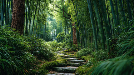 Obraz premium Mossy stone steps lead through vibrant bamboo forest. Lush, serene landscape suits wellness, travel, editorial, or web use.