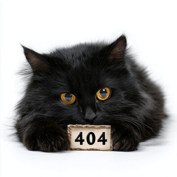 realistic professional studio shot with a funny black cat with orange eyes holding a 404 error page not found sign isolated over white background