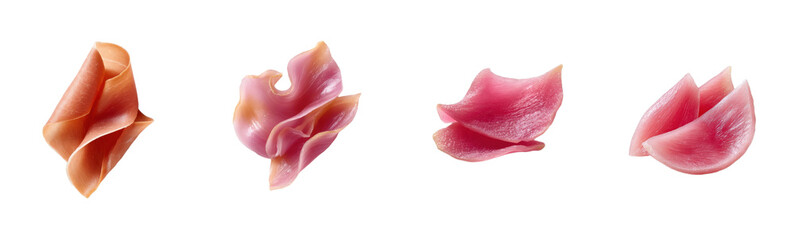 Variety of cured meat cuts isolated on white. Charcuterie, ham, prosciutto, food, deli, gourmet, appetizer, ingredient, cooking, cuisine